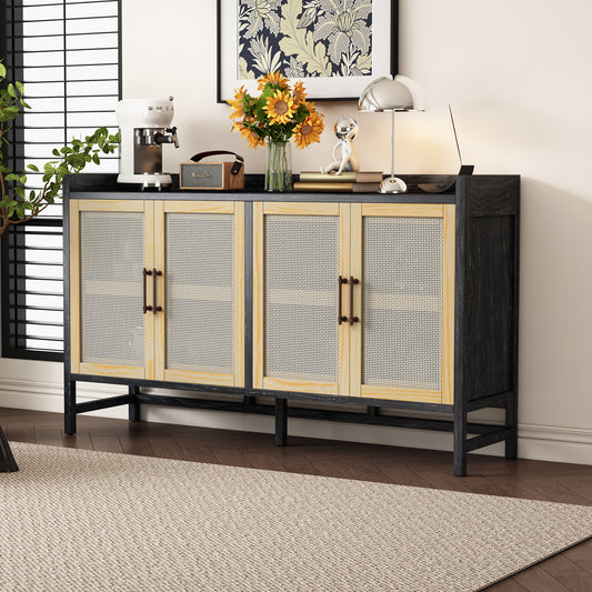 TREXM Sideboard Rustic Buffet Cabinet, sideboard cabinet with Decorative Rattan Doors, Buffet Cabinet with Storage for Entryway Dining Room Kitchen Living Room, Black+Natural
