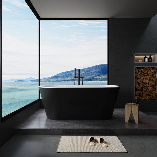 60' Lustrous Black Acrylic Freestanding Soaking Bathtub with Chrome Overflow and Drain, cUPC Certified Glossy Black 22A09-60B