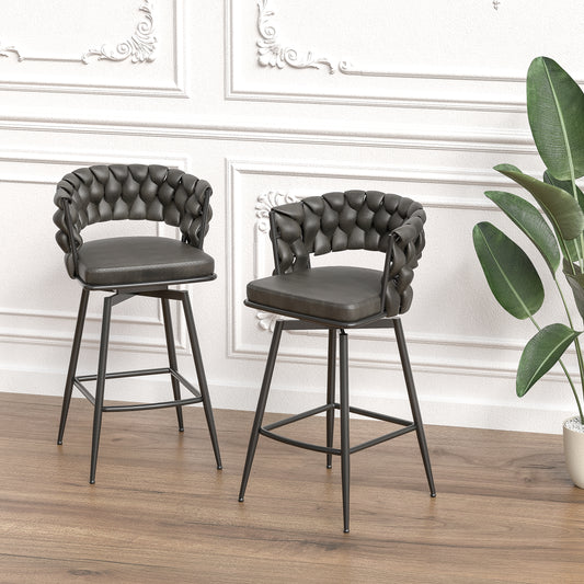 28' Technical Leather Woven Bar Stool Set of 2,Black legs Barstools No Adjustable Kitchen Island Chairs,360 Swivel Bar Stools Upholstered Counter Stool Arm Chairs with Back Footrest (Tan)