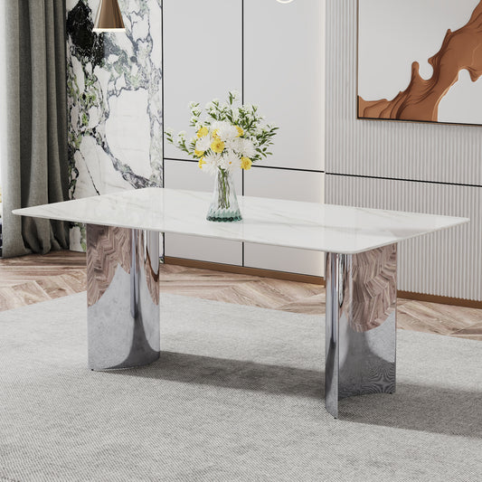 Modern minimalist dining table. The white imitation marble glass desktop is equipped with silver metal legs. Suitable for restaurants and living rooms  71' *39.3' *29.5'  DT-69