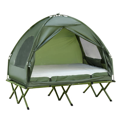 Outsunny 2 Person Foldable Camping Cot with Tent, Bedspread and Thick Air Mattress, 4-In-1 Elevated Camping Bed Tent for Outdoor Hiking, Picnic, Travel