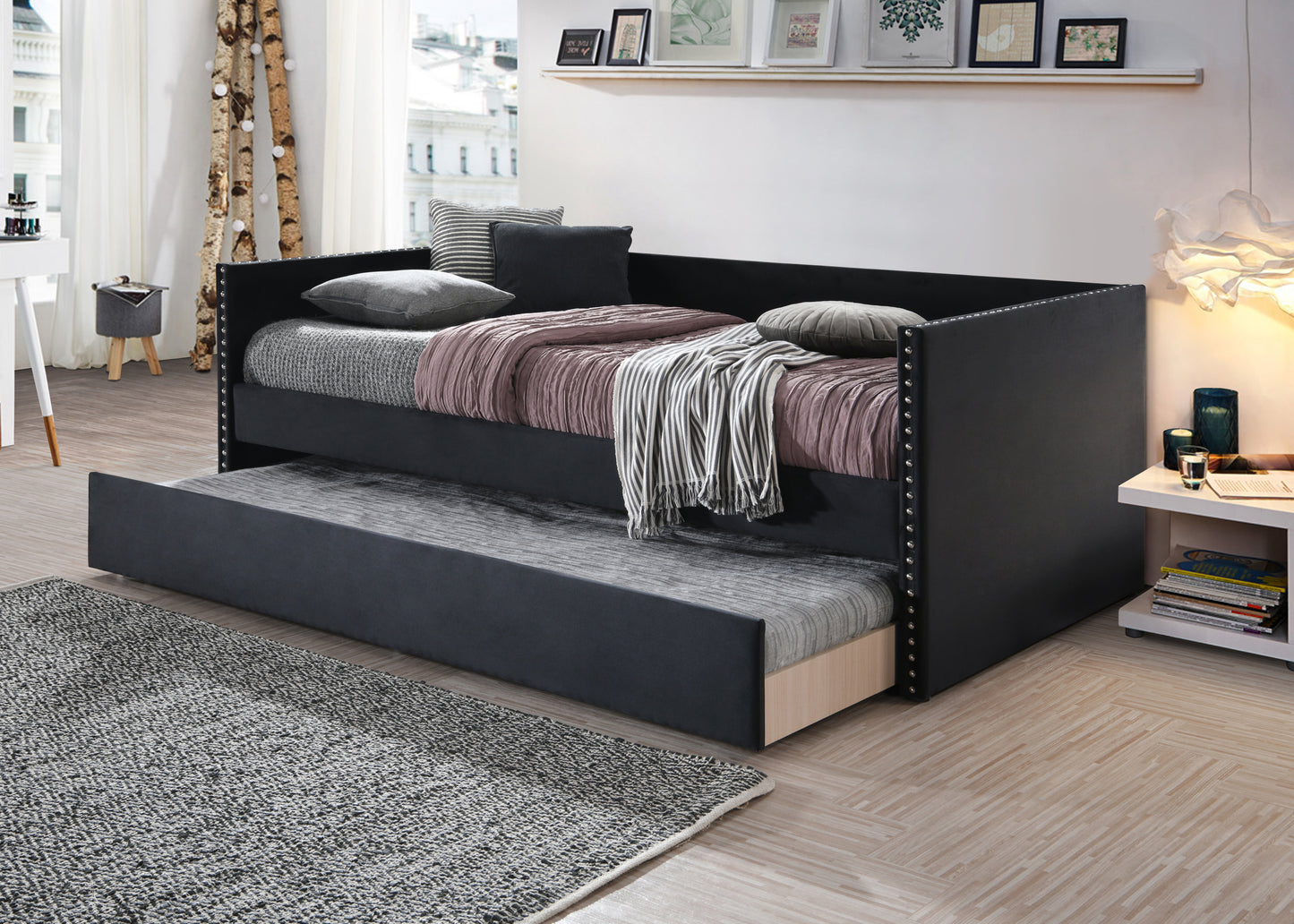 Beautiful 1pc Modern Daybed Tufted Nailhead Trim Armrest Pull Out Trundle Bedroom Living Room Furniture Black Finish