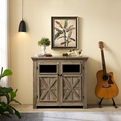 Coffee Bar Cabinet, Kitchen Storage Cabinet, Modern Farmhouse Buffet Sideboard and Adjustable Shelf, Barn Door Accent Cabinet for Kitchen, Dining Room, L38''*W15.35'*H35' Gray Wash