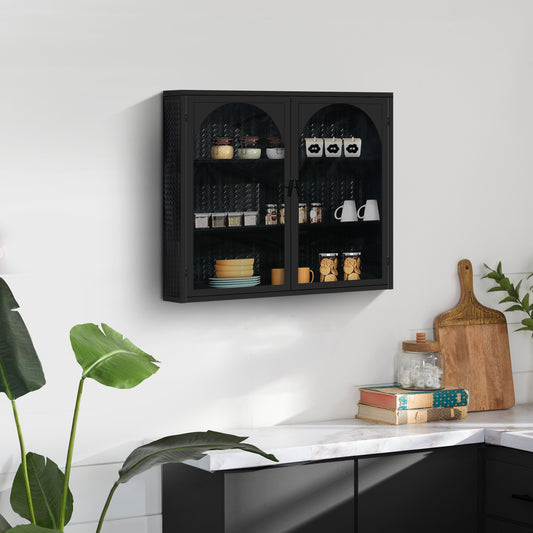 27.56'Glass Doors Modern Two-door Wall Cabinet with Featuring Three-tier Storage for Entryway Living Room Bathroom Dining Room,Wall Cabinet with Characteristic Woven Pattern,Black