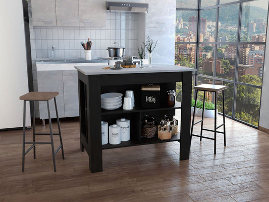 Kitchen Island, kitchen table 35' H, Four Legs, Three Open Storage Shelves, Black / Ibiza Marble