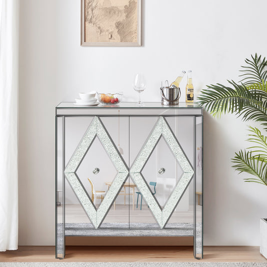 Storage Cabinet With Mirror Trim And Diamond Shape Design  Spliced Combination For Living Room, Dining Room, Entryway, Kitchen