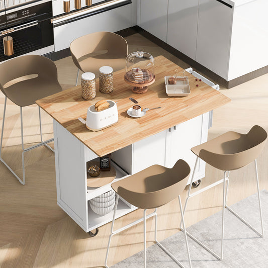 K&K Kitchen Island with Foldable Counter Top, Kitchen Storage Cart with Slide-Out Shelf, Towel Rack and Drawer, Rolling Kitchen Cart on Wheels, for Kitchen, Living Room, Dining Room, White