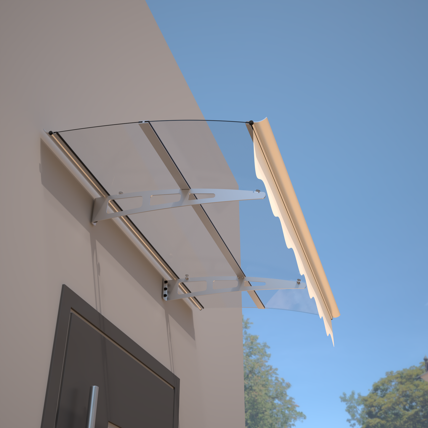 DA5934C Series Door Window Awning Canopy Made of 0.137Inch Thick Crystal Solid Polycarbonate Sheet and Aluminum Alloy with Valance in size of 59' Wide x 34' Deep for Masonry Concrete Wall House only.