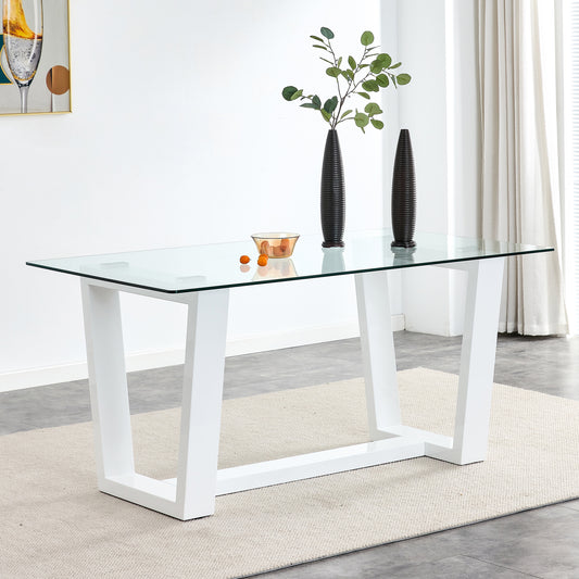 Glass Dining Table Large Modern Minimalist Rectangular for 6-8 with 0.4' Tempered Glass Tabletop and white MDF Trapezoid Bracket,For Kitchen Dining Living Meeting Room Banquet Hall F-1550