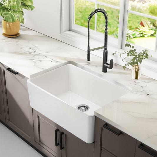 24 Inch White Fireclay Farmhouse Sink-24x 16 White Farm Sink for Small Kitchen and Laundry, Apron Front Porcelain Ceramic Sink Single Basin with Bottom Grid and Strainer