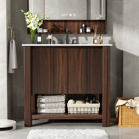 36' Modern Bathroom Vanity with Rectangle Ceramic Sink, Bathroom Cabinet with Large storage space and 45 Degrees Free-Handle Design Soft-Closing Doors, 1 Open Shelf at the Bottom, Dark Brown