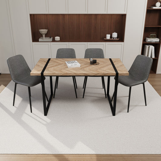 59' MDF light wood dining table and modern dining chair 4-piece set, medieval wooden kitchen dining table set, rectangular metal base, dining table and suede chair