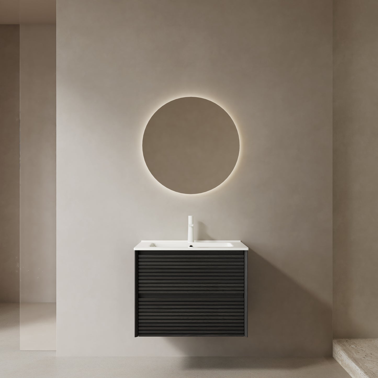 BRON 24' Bathroom Vanity with Sink, Wall-Mounted Floating Plywood Bathroom Storage Cabinet with 2 Drawers, White Ceramic Basin with Sink Hole Cover and Drain, Pre-assembled, Dark Oak Woodgrain Color