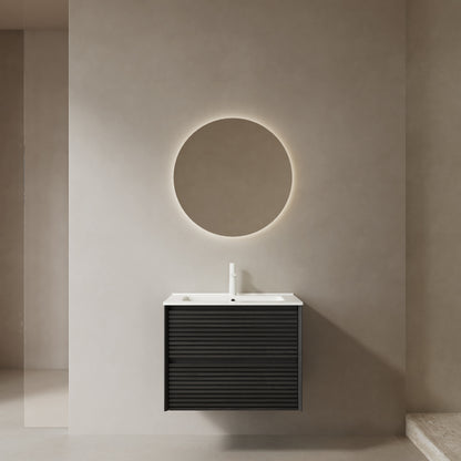 BRON 24' Bathroom Vanity with Sink, Wall-Mounted Floating Plywood Bathroom Storage Cabinet with 2 Drawers, White Ceramic Basin with Sink Hole Cover and Drain, Pre-assembled, Dark Oak Woodgrain Color
