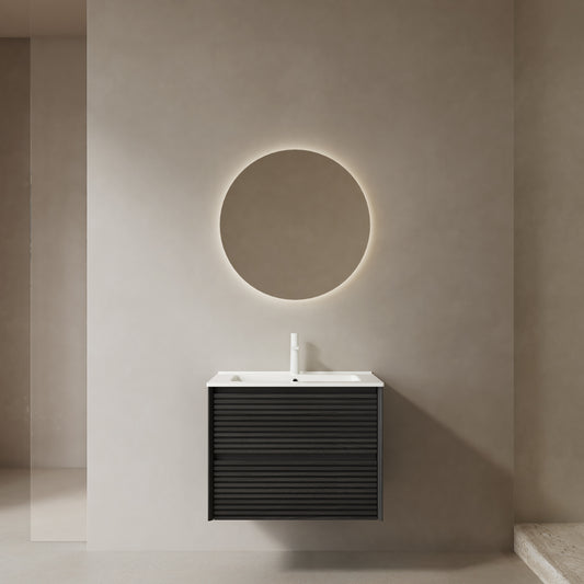 BRON 24' Bathroom Vanity with Sink, Wall-Mounted Floating Plywood Bathroom Storage Cabinet with 2 Drawers, White Ceramic Basin with Sink Hole Cover and Drain, Pre-assembled, Dark Oak Woodgrain Color