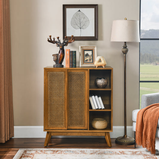 Mid Century Modern Rattan Sideboard Cabinet, Buffet Cabinet for Entryway Hallway Living Room Kitchen Dining Room, Adjustable Shelf & Solid Wood Feet & Rattan Cabinet Doors - Light Wood
