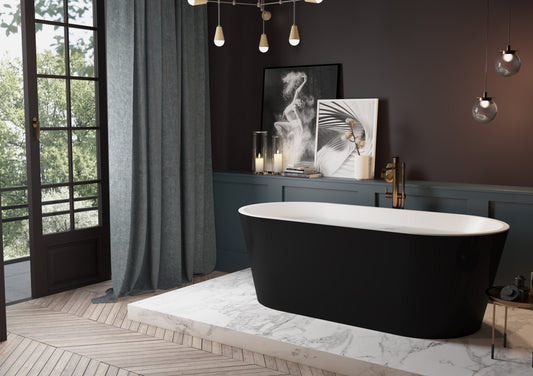 60 Inch Acrylic Flatbottom Alcove Freestanding Soaking Non-Whirlpool Bathtub in Gloss Black with Brass Drain
