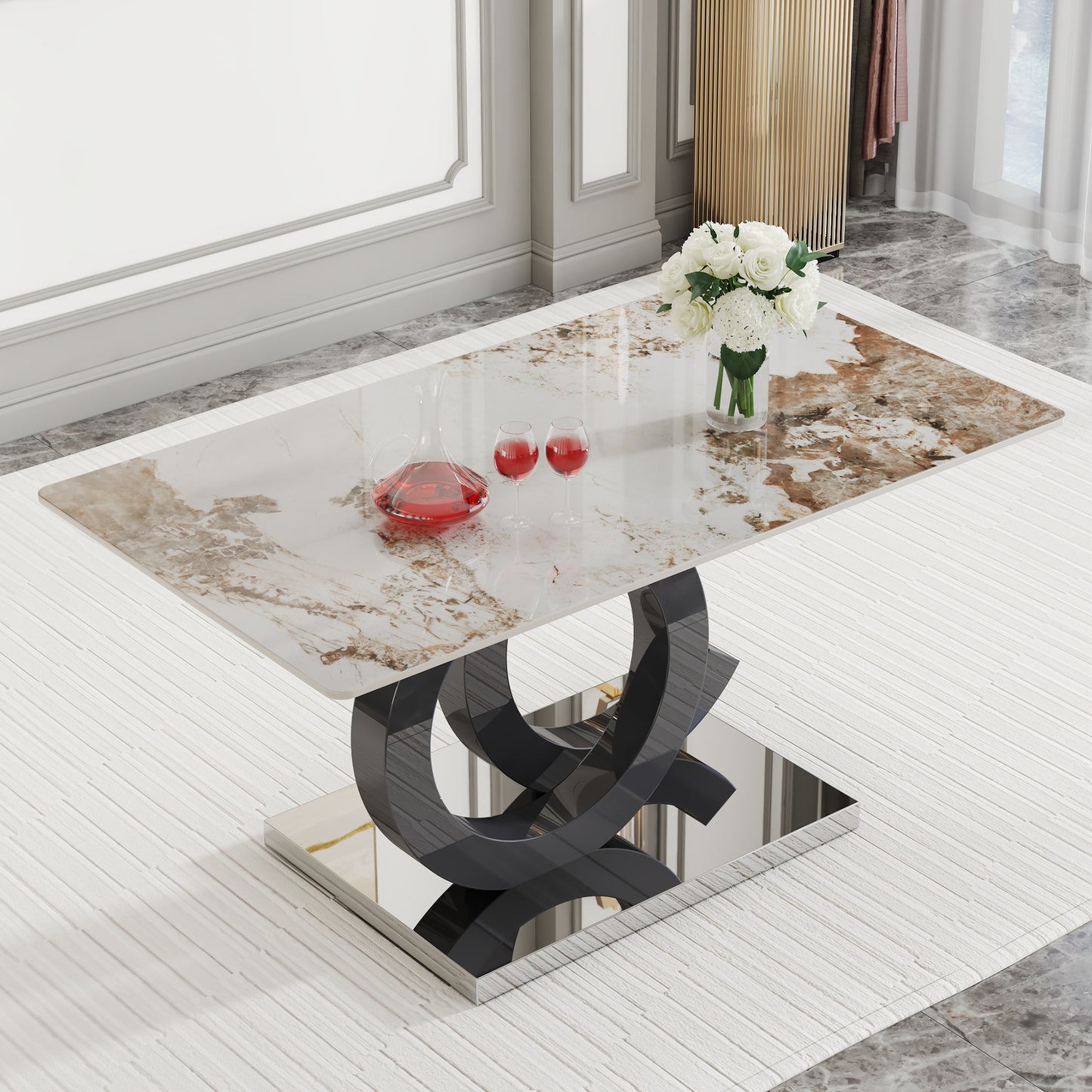 Large modern minimalist rectangular dining table suitable for 6-8 people, Equipped with a 0.4 inch  pattern desktop, MDF material OC shaped bracket, and metal base  F-OC