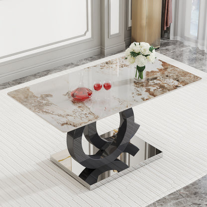 Large modern minimalist rectangular dining table suitable for 6-8 people, Equipped with a 0.4 inch  pattern desktop, MDF material OC shaped bracket, and metal base  F-OC