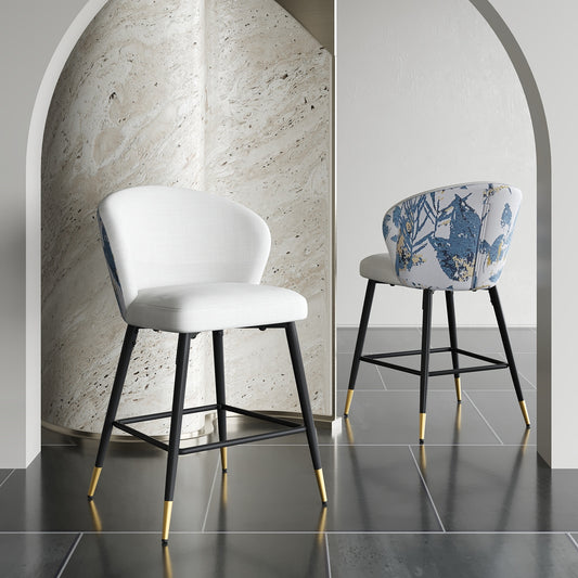 Counter Height Bar Stools Set of 2, Jacquard Upholstered Bar Chairs, Metal Footrest and Frame for Kitchen,Dining Room,28'H Seat Height ,White
