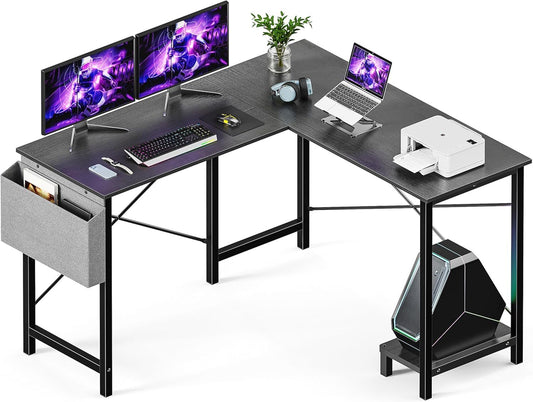 L Shaped Desk Gaming Computer 50 Inch Reversible Corner Table PC for Writing Study Student with Wood Tabletop Metal Frame CPU Stand Side Bag for Home Office Small Place, Black