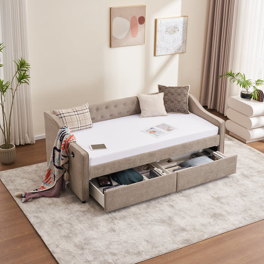 Twin Size Upholstered Daybed with Storage Drawers, Solid Wood Sofábed Bed Frame with Velvet Fabric & Wood Slat Support for Bedroom, Living Room, Office,Light Grey