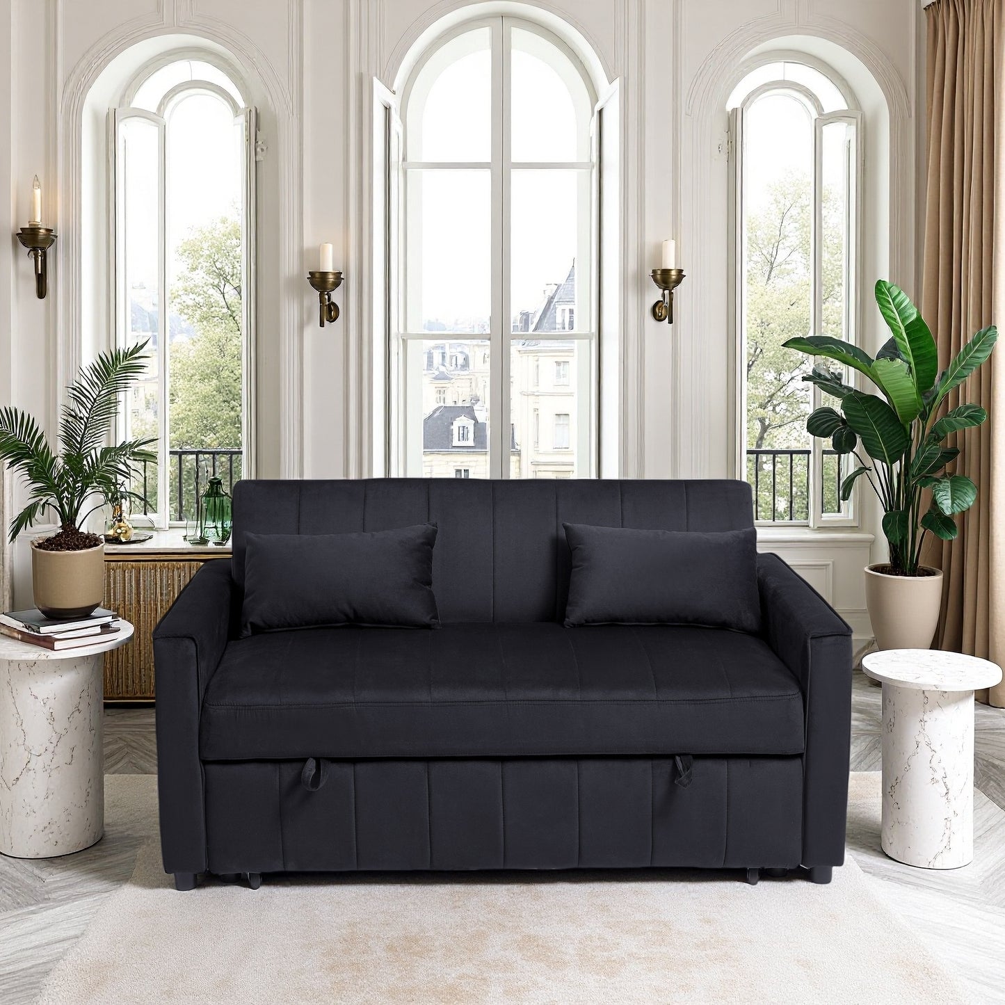Sleeper Sofa Bed, 3-in-1 Velvet Pull Out Couch with Armrests, Storage Pockets and 2 Pillows, Adjustable Backrest, Sofa Bed Couch for Living Room, Bedroom(Black)
