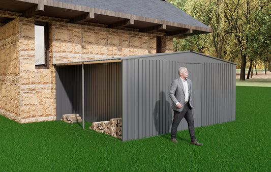 New Outdoor Storage Shed has two Functions:Metal shed and Firewood Shed 12 ft x 14 ft,Grey