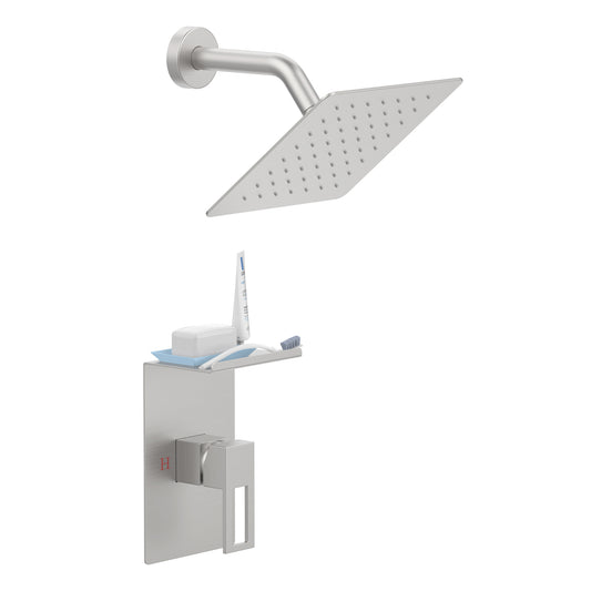 Shower Faucet With Storage Rack 8-inch Rain Shower Head Shower decoration kit with single spray shower head Shower Faucet Set Complete Brushed Nickel