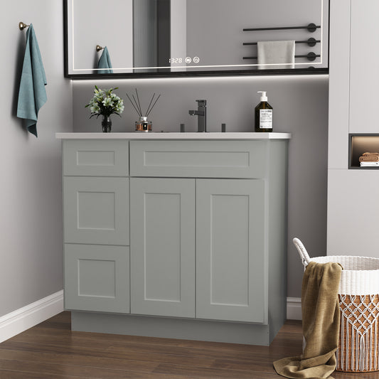 36 in. W x 21 in. D x 34.5 in. H in Shaker Grey Plywood Ready to Assemble Floor Vanity Sink Base Kitchen Cabinet with Left Door