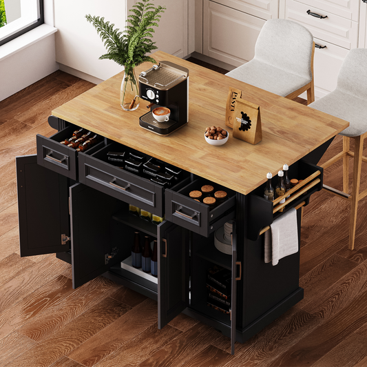 K&K 54inch Large Kitchen Island with Rubber Wood Drop Leaf, Embossed Texture Rolling Kitchen Cart on 4 Wheels with 4 Doors and 3 Drawers, Kitchen Island with Storage for Kitchen, Dining Room,Black