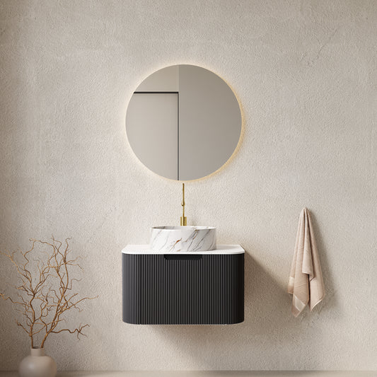 DINA 24' Bathroom Vanity with Sink, Wall-Mounted Floating Curved Edges Striped Bathroom Storage Cabinet with Drawer, White Round Ceramic Basin with Stone Pattern, Pre-assembled, Black Color