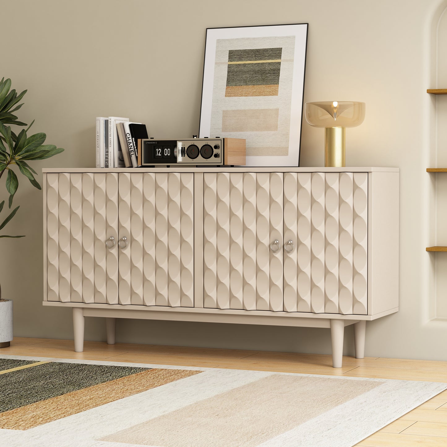 TREXM Modern 4-door Sideboard with Convex Pattern Doors and 2 Silver Handle for Living Room, Dining Room, Kitchen (Almond)