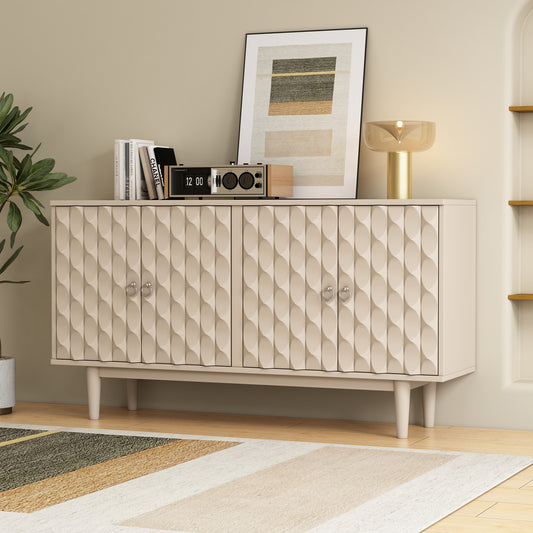 TREXM Modern 4-door Sideboard with Convex Pattern Doors and 2 Silver Handle for Living Room, Dining Room, Kitchen (Almond)