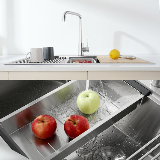 Stainless Steel Kitchen Sink, 33″x22″ Single Bowl, Overmount Handmade Sink in Brushed, with Cutting Board, Colander, Grid, LS-SSBR01