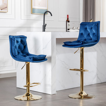 Set of 2 Bar Stools,with Chrome Footrest and Base Swivel Height Adjustable Mechanical Lifting Velvet + Golden Leg Simple Bar Stoo,blue